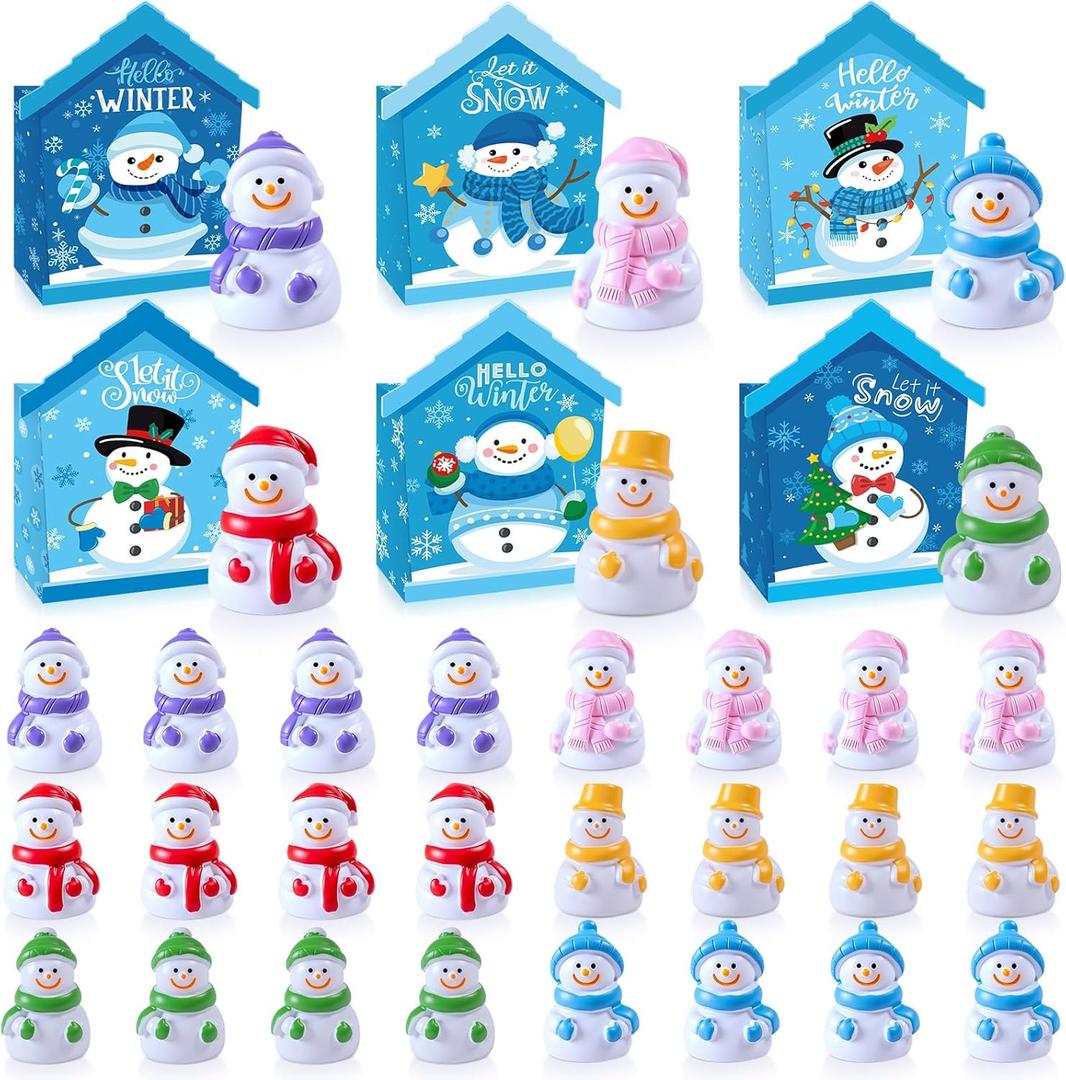 Soulchen 48 Pcs/24 Sets Winter Party Favors for Kids Mini Snowman Figurines with House Box Tiny Resin Snowman Micro Landscape Ornaments for Winter Wonderland DIY Crafts Fairy Garden Dollhouse Decor