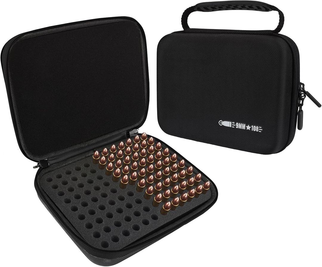 108 Round 9MM Ammo Case, Ammo Storage Box Compatible with 9mm Luger, 9mm Parabllum, 9mm Makarov, .380 ACP, .32 ACP, .45 ACP, 30 Luger, 32 S&W, 40 S&W, Bullets Organize Case for 9mm (Black)