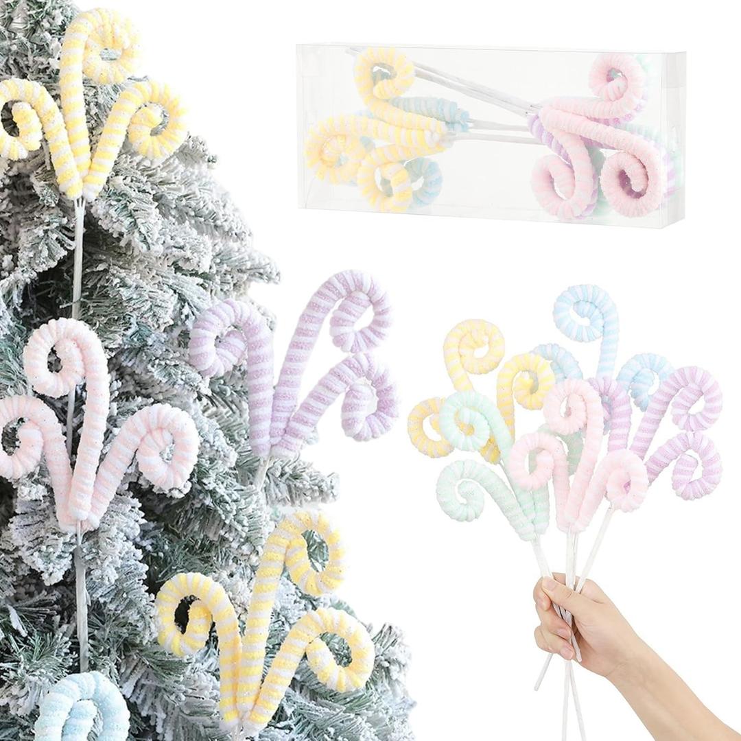 Pastel Candy Christmas Picks Decoration, 5pcs 15 Glittery Macaroon Woolen Candy Curly Picks for Christmas Party Xmas Tree Decoration Pastel Curly Sticks Vase Filler Indoor Home Decor