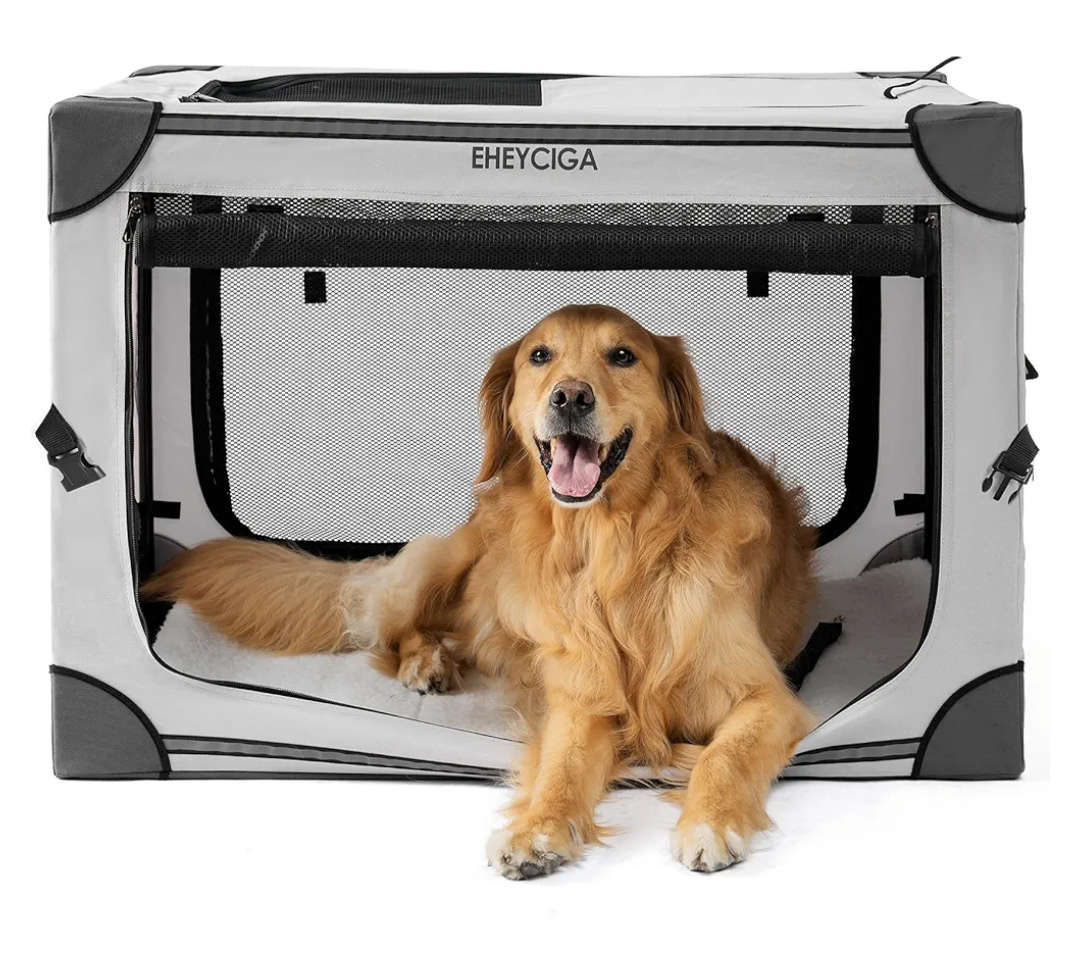 EHEYCIGA Collapsible Dog Crate 36 Inches, Portable Travel Crate for Large Dogs, Soft Foldable Pet Kennel with 4-Door Mesh Windows Indoor & Outdoor, Grey