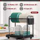 Sakugi 2-Tier Dish Drying Rack - Stainless Steel Dish Rack with Cutlery & Utensil Holders for Kitchen Counter, Sink Organization and Storage for Small Family, 15" W x 11.4" L x 15" H, Black, Large