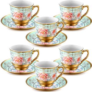 Vintage Floral Tea Cups and Saucers Set of 6 (3 Oz), Porcelain Tea Cup Sets Assorted Colors with Gift Box for Cappuccino, Macchiato, Birthday Party Supply (Green)