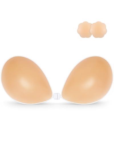 Niidor Adhesive Bra Strapless Sticky Invisible Push up Silicone Bra for Backless Dress with Nipple Covers Creme, 6 inches by 4.5 inches