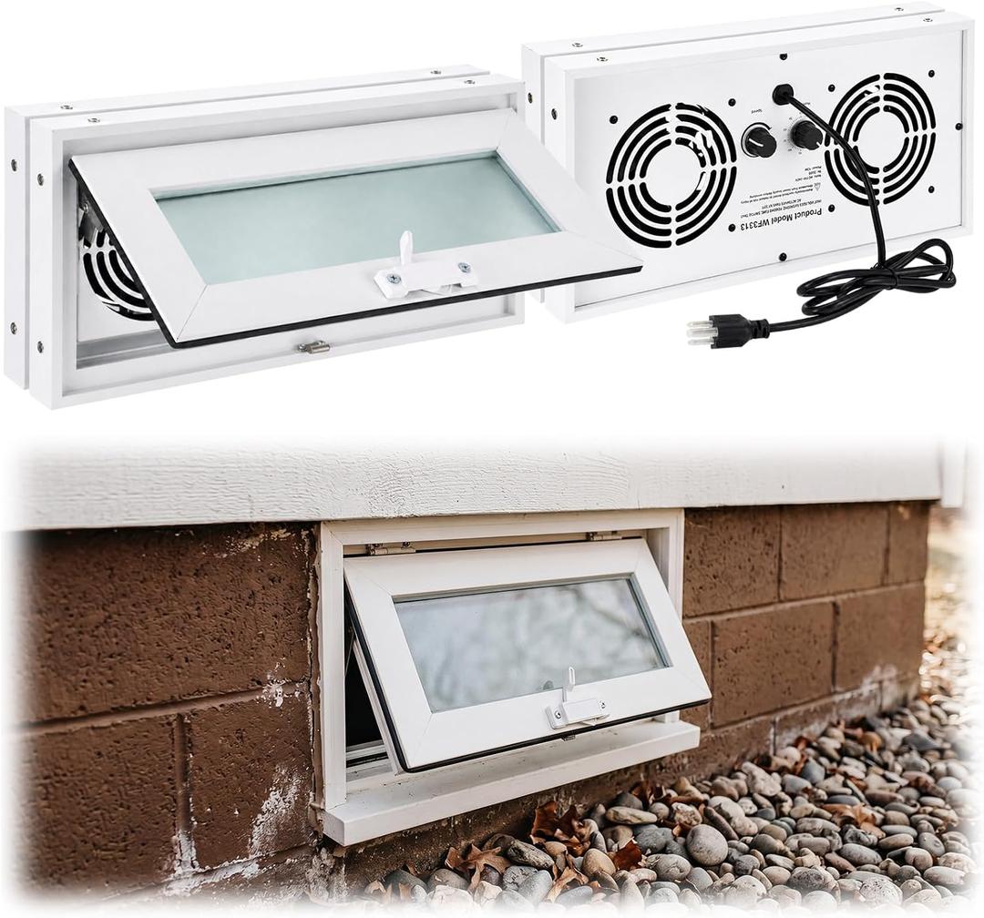 16x8 Hopper Window with Crawl Space Vent Fan, Small Basement Window, 220CFM