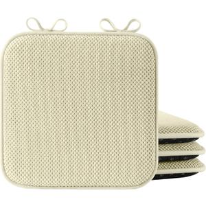 puredown Chair Cushions for Dining Chairs, Set of 4 Memory Foam Seat Cushions with Non-Slip Backing & Ties, 16" x 16" x 1.5", Comfortable & Supportive Dining Chair Pads for Kitchen, Light Khaki