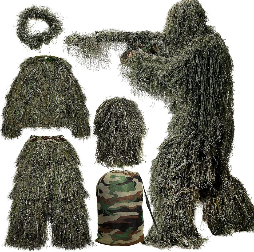 MOPHOTO 5 in 1 Ghillie Suit 3D Camouflage Hunting Suits - Jacket, Pants, Hood, Carry Bag, Size: Adult M/L 5'3"–5'9" 110–200 Lb