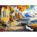 1000 Piece Jigsaw Puzzle Cozy Autumn Lakeside Village with Fall Foliage, Pets and Snow-Capped Mountains, Seasonal Art, Calming Brain Challenge for Fall and Nature Decor Collectors