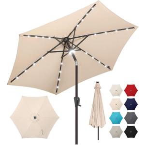 7.5ft Solar Umbrella Outdoor - Lighted Solar Patio Umbrella with 24 LED Lights Waterprool UV Protection, Table Umbrella with Tilt for Pool, Porch, Garden, Deck, Backyard (Beige)