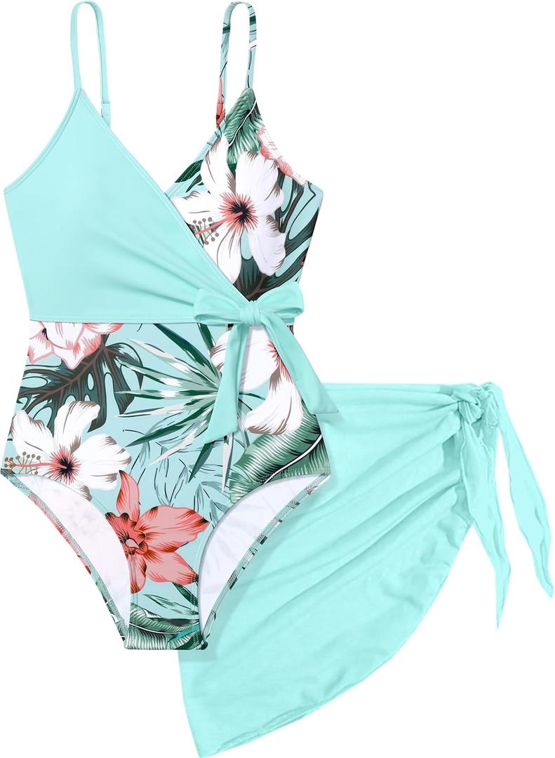 Girls Swimsuit One Piece Bathing Suit Tropical Floral with Adjustable Straps Girls'Swimwear with Cover Up 10-12T