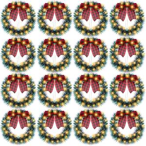 Riceshoot 16 Pcs Christmas Wreath Bulk 12 Inch Outdoor Lighted Artificial Christmas Wreath Front Door Decorations with Bow LED Lights Hemp Rope for Front Door(Red, Black)