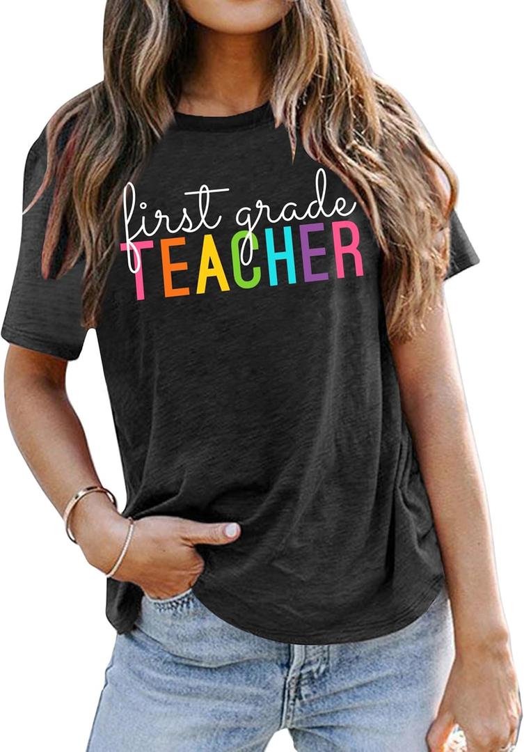 VVNTY Women Teacher Shirts First Grade: 1st Grade Teachers T-Shirt Back to School Gift Tops (Small, Grey)