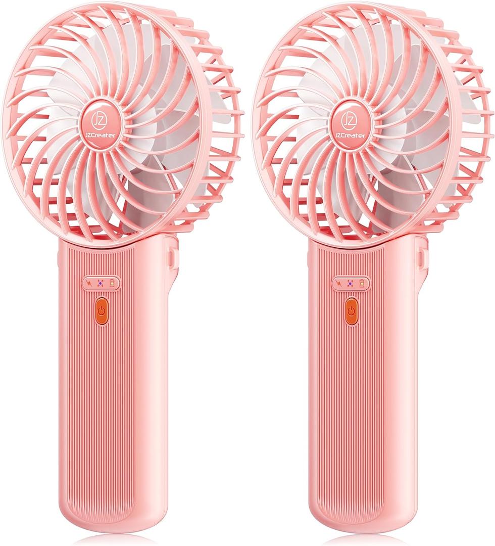 JZCreater Mini Handheld Fan, Portable Rechargeable Fans, Quiet 4 Speed, 2in1 Battery Operated USB Desk Fan, Small Folding Stand Electric Fan for Travel Outdoor Home Office Makeup, Gift for Women (Pink 2Pack)