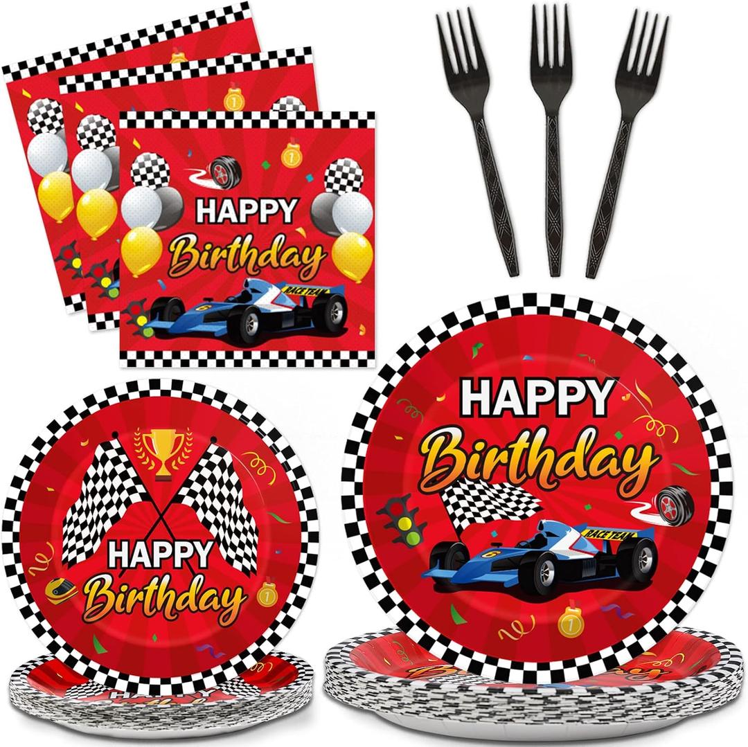 96 Pcs Race Car Birthday Party Decorations Racing Plates Napkins Disposable Tableware Set Race Car Themed Paper Dinnerware for Wheel Sports Boys Birthday Baby Shower Supplies Favors