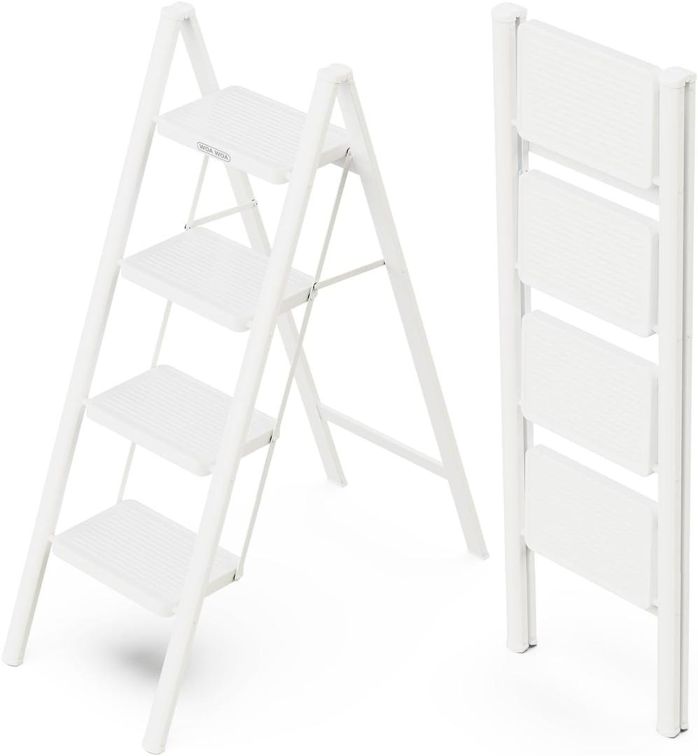 WOA WOA Step Ladder for Home, Foldable Step Stool for Kitchen with Non-Slip Pedals, Sturdy Ladders Supports up to 330 lbs, Compact and Portable - 4 Step/White