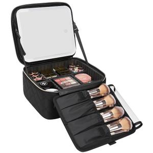 Relavel Travel Makeup Bag With Light Up Mirror, Cosmetic Train Case with LED Mirror, Professional Makeup Case for Makeup Artist, Waterproof Makeup Brush Holder Organizer Storage, Rhombus Black (1-Small, 03-Diamond Black)