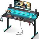 MOTPK 48 inch Gaming Desk with LED Lights & Power Outlets, Small Computer Gaming Table with Float Monitor Stand, Kids Boys Desk with Carbon Fiber Texture (Black)