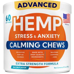 Advanced Calming Chews for Dogs - Hemp Treat + Melatonin + Valerian - Relaxing Bites - Calming Care - Anti-Anxiety & Stress Relief - Made in USA - Calm, Sleep Aid, Storms - 60Ct