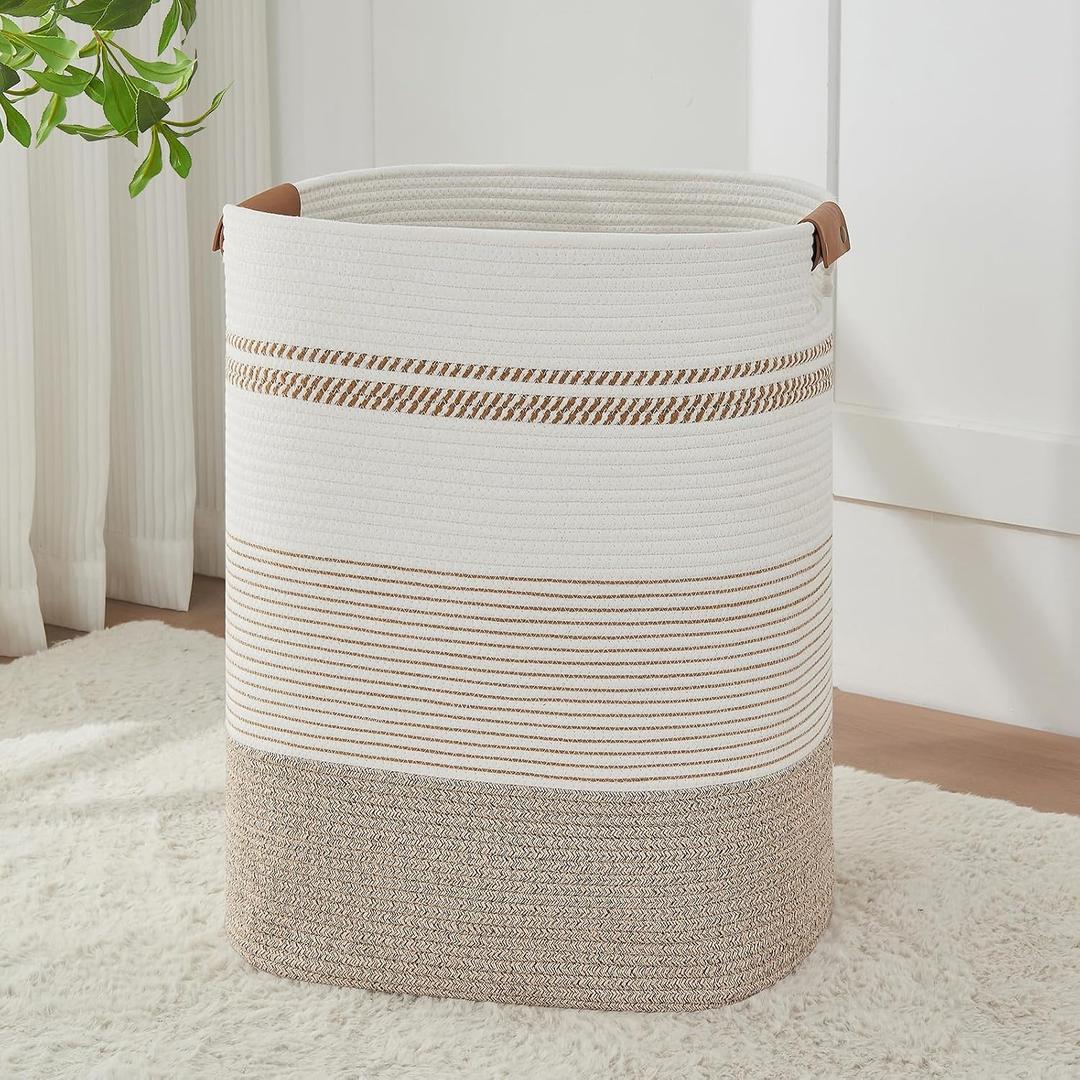 AINUOQI Laundry Basket with Handles - Blanket Basket & Hampers for Bedroom Aesthetic, Laundry Hamper & Blanket Storage for Living Room, Clothes Hamper, Tall, Large 17" x 14" x 22”, Light Brown & White
