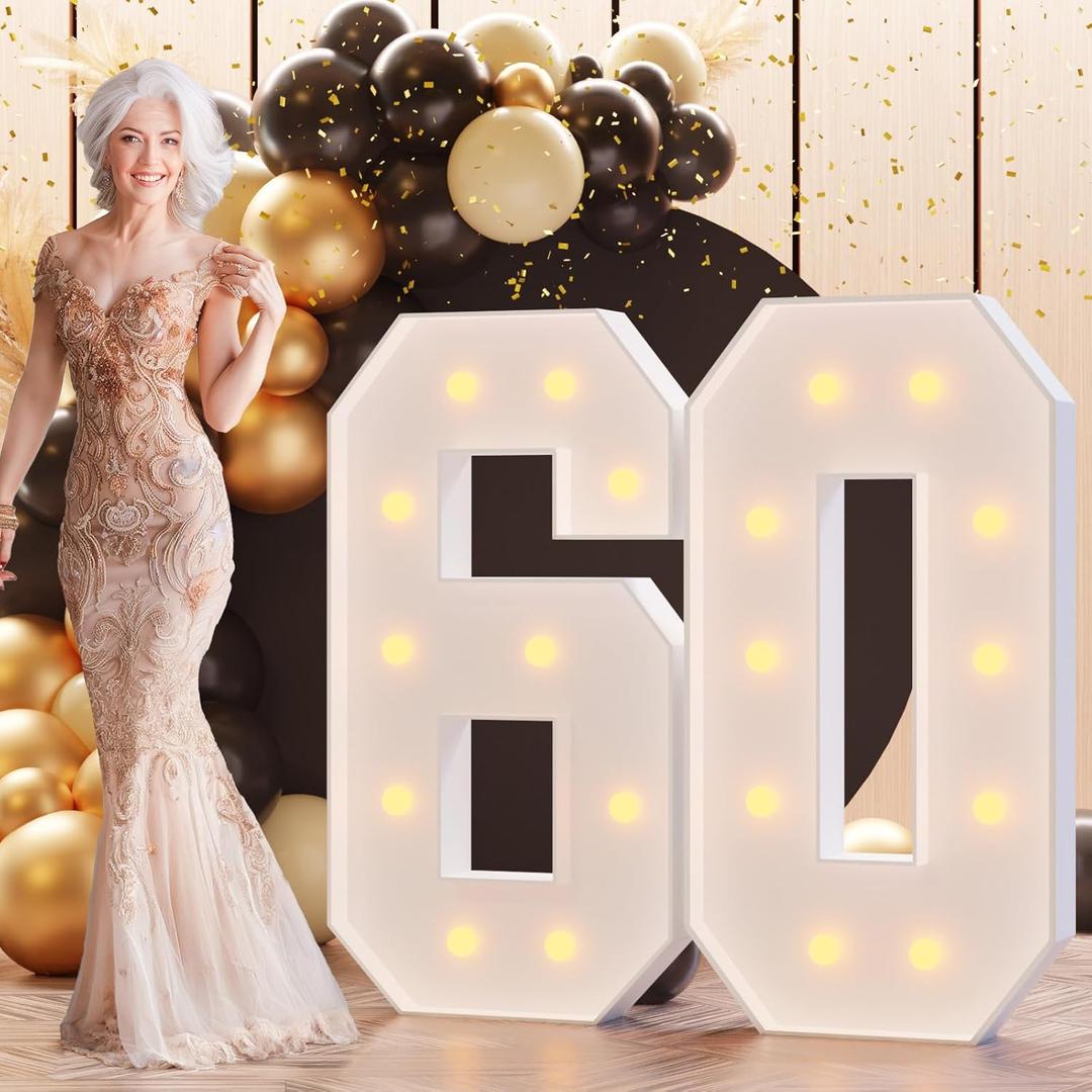 Light Up Numbers 4FT, Number 60 Light Up Sign Marquee Numbers 4 Feet Tall, Large 60 Marquee Number for 60th Birthday Party Decorations Mosaic Nmero