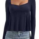 OMKAGI Cute Peplum Babydoll Tops for Women Going Out Double Layer Long Sleeve Shirts M