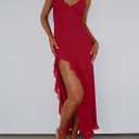 Lingswallow Womens Sexy V Neck Sleeveless Mesh Ruffle Hem Long Dress Bodycon Midi Elegant High Slit Cocktail Party Wedding (Red, M)