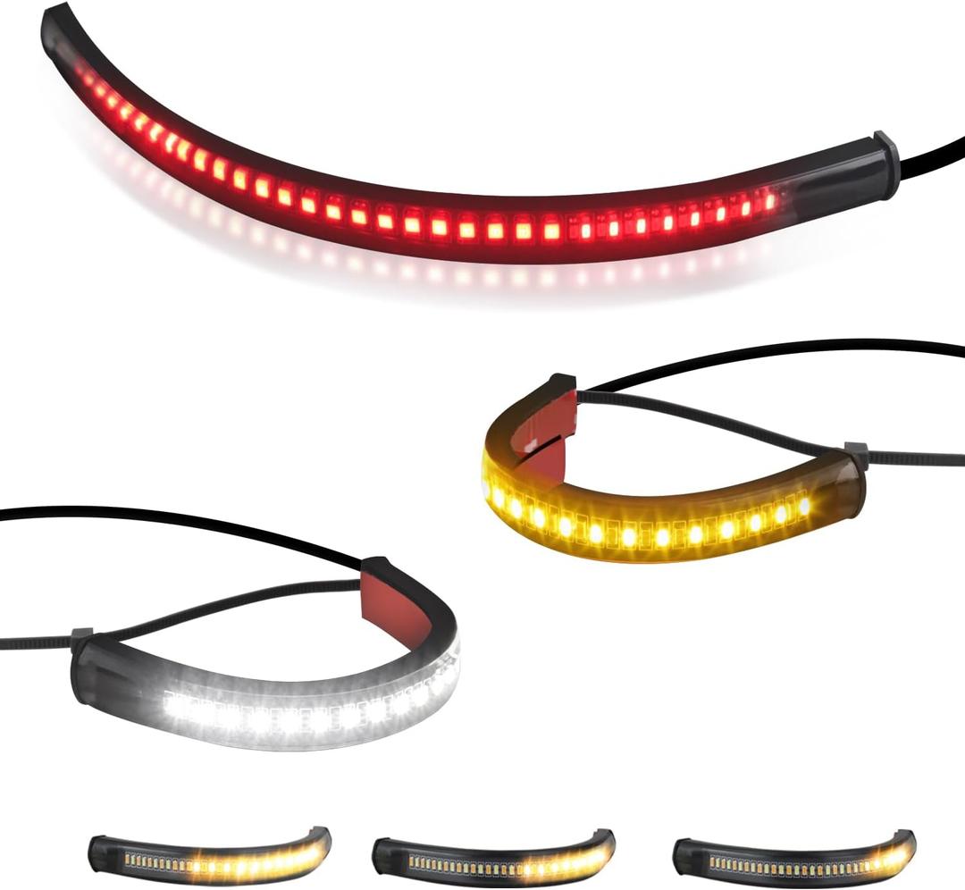 QUASCO Front Rear Motorcycle Led Turn Signals, Universal White Amber Fork Light Strip, Red Brake Tail Lights Compatible with Harley Cafe Racer Dual Sport Dirt Bike, Pack of 3