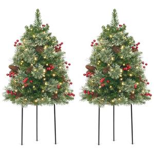 HiBean 1  Small Christmas Tree Urn Filler, 30 Inch Pre-lit Artificial Xmas Tree with 50 LED Lights, Realistic Carolina Pine Cones and Red Berries for Pathway, Porch, Driveway, Yard (Red)