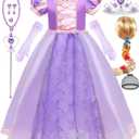 Purple Princess Costume for Girls Kids Dress up Outfit with Wig Halloween Birthday Party (3-4 Years)