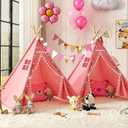 2 Pack Teepee Tent for Kids, Children Play Tents for Girls & Boys Slumber Party, Cotton Canvas Playhouse Sleepover Tent with Pompom & Lights