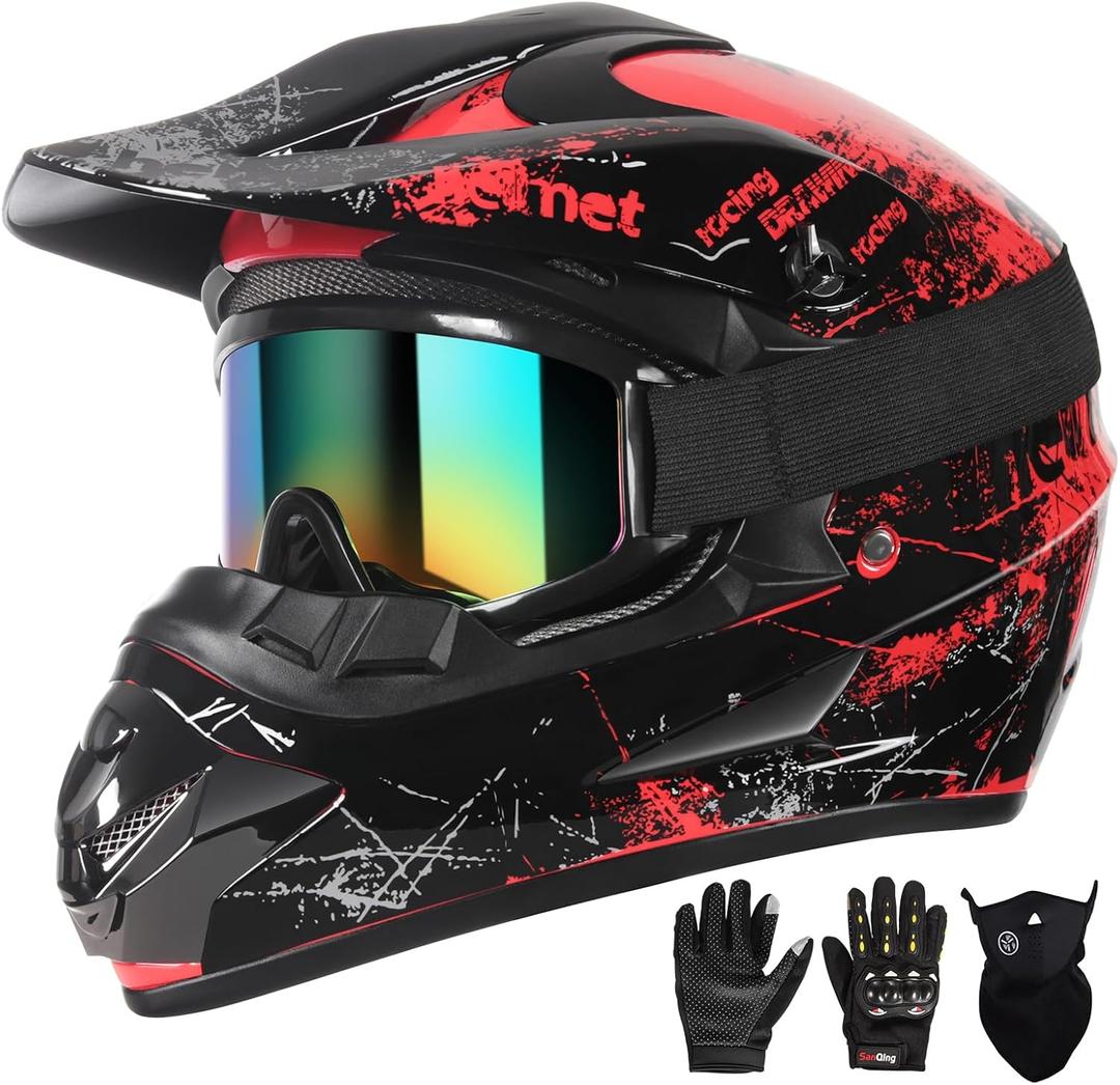 SPARK Dirt Bike Helmets Kids Motorcycle Helmet Youth ATV Motocross Full Face Men Women Off-Road Mountain Bike Helmet Adult with(Gloves Goggles Mask) DOT Approved 4Pcs Set (Small, Red)