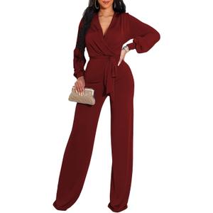 shengfan Formal Jumpsuits for Women Dressy Evening Sexy Deep V Neck Plus Size Long Wide Leg Pants Rompers Clubwear (Small, 049red)