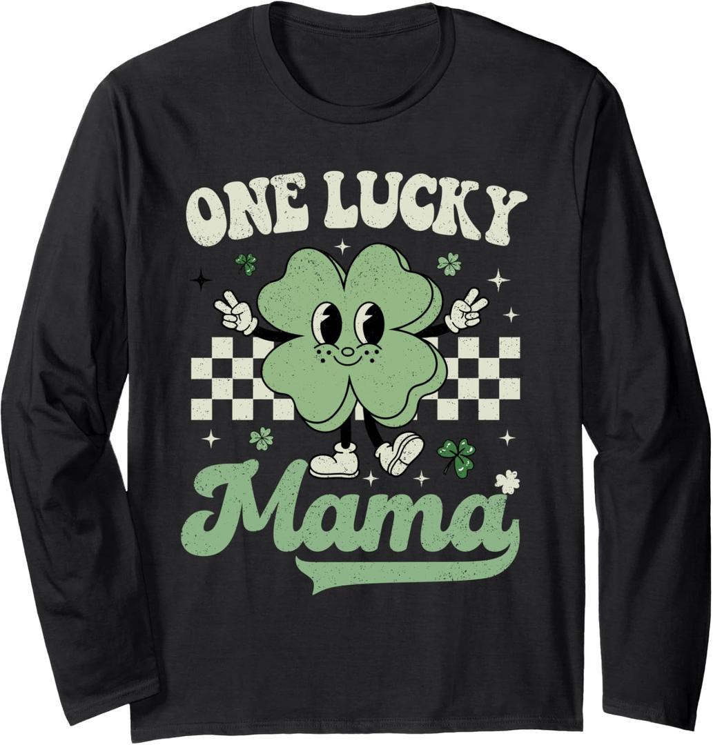 Retro Groovy St Patricks Day One Lucky Mama Hippie Shamrock Long Sleeve T-Shirt, Size: XL