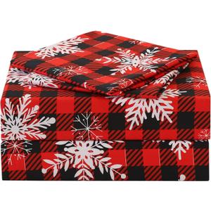 JSD Red Buffalo Plaid Snowflakes Sheet Set Queen Size, 4 Piece Christmas Winter Microfiber Bedding Sheets Extra Deep Pocket