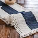 Macrame Table Runner Cream Beige and Blue Boho Table Runners with Tassels Hand Woven Cotton Table Runner Rustic Farmhouse Table Runners for Bohemian Kitchen Dining Table(12x95in)