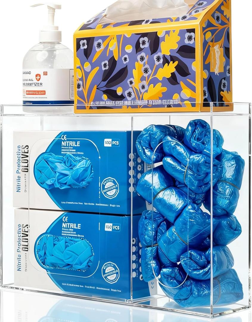 SEANADO Acrylic Disposable Glove Holder for Wall Mount or Tabletop , Clear Glove Box Organizer Rack Dispenser with Lid for Tissues, Beard Cover, Face Masks, Bags, Hairnet and Shoe Covers