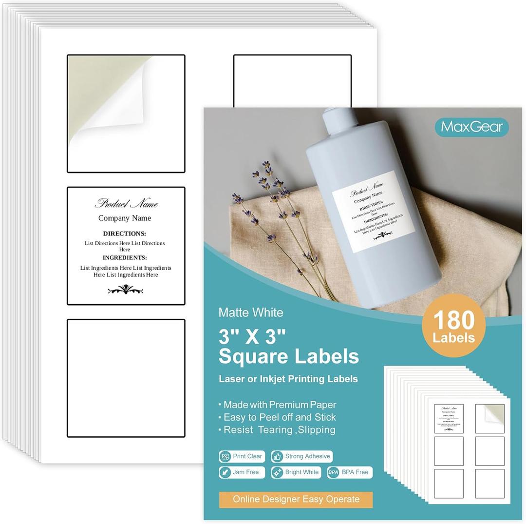 2 x MaxGear 3" x 3" Square Labels, for Inkjet or Laser Printer, Matte White Printable Sticker Paper Labels Sheets, Strong Adhesive, Dries Quickly, Holds Ink Well, 180 Pcs