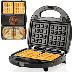 OVENTE Electric Sandwich, Panini and Waffle Maker Set with 3 Removable Non-Stick Plates, 750 Watts, Perfect for Grilled Cheese, Tuna Melts, Burgers, Steaks and Snacks, Black GPI202B