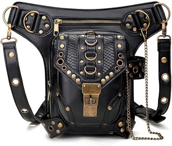Steampunk Waist Bag Fanny Pack Thigh Holster Purse Gothic Leather Shoulder Crossbody Hiking Chain Messenger Bag Black