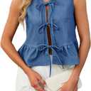 Women's Denim Vest Top Sleeveless V Neck Tie Front Jean Vest Summer 2025 Trendy Casual Waistcoat Y2K Peplum Tank Tops (X-Large, 04-blue2)