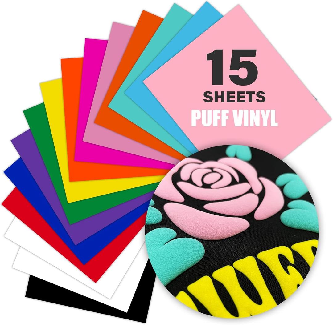 12" x 10" Iron-On 3D Puff Heat Transfer Vinyl Sheets - Pack of 15, 3D Vinyl for DIY T-Shirts & Fabrics, Easy Cut & Weed, Durable Vinyl for Heat Press Assorted Color HTV Sheets