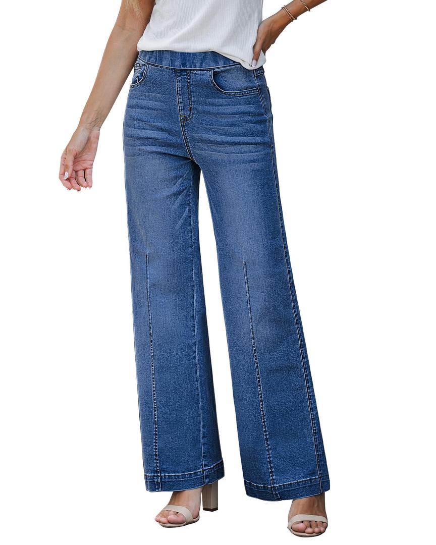 GRAPENT Pull On Women' s Jeans Baggy Stretchy High Waisted Denim Wide Leg Trouser Pants Trendy Front Seam 90s Loose Jean (M, Darkness Blue)