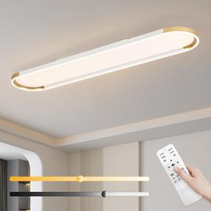 ADISUN Modern LED Ceiling Light Dimmable Linear Ceiling Light 39.4in Semi Flush Mount Long Lights with Remote Control and Side Lighting for Living Room Kitchen Dining Room White & Gold