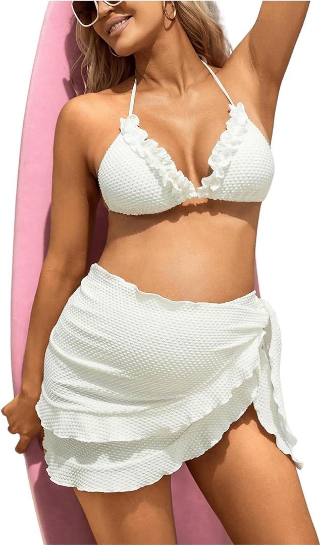 Women's Maternity 3 Pieces Swimsuit Textured Ruffle Trim Halter Bikini Set with Beach Skirt (White)
