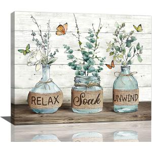 Farmhouse Bathroom Decor Wall Art Rustic Botanical Bathroom Pictures Canvas Print Bathroom Relax Soak Unwind Eucalyptus Butterfly Painting Prints Framed Artwork Decor for Bathroom 16"x20" (20L" x 16W", Leaf)