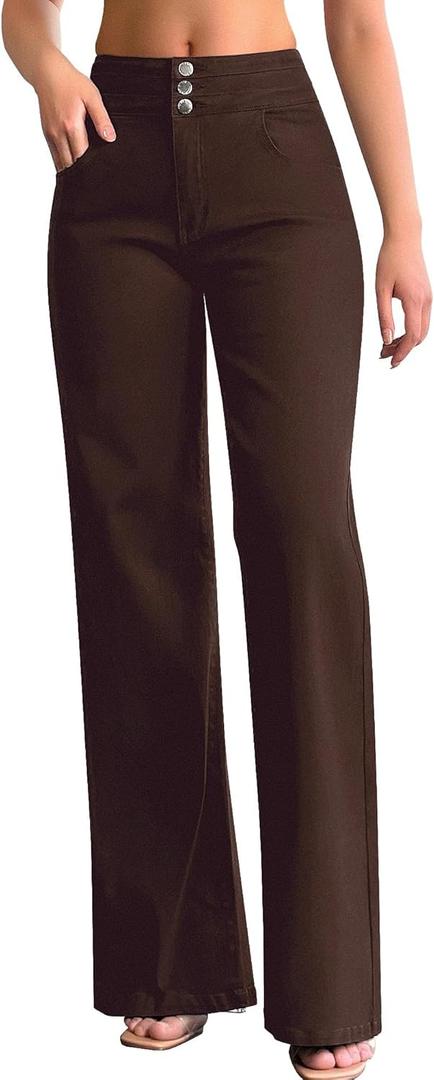 roswear Women's Wide Leg Jeans Casual High Waisted Stretch Baggy Loose Denim Pants (Large, Brown)