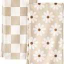 2 Pack Flour Sack Kitchen Towels - 16x26 Inch Cotton Dish Towels with Hanging Loop Reusable Geometric Boho Modern Retro Tea Towel Absorbent Dishcloths Home Decor, Beige Checkered Flower
