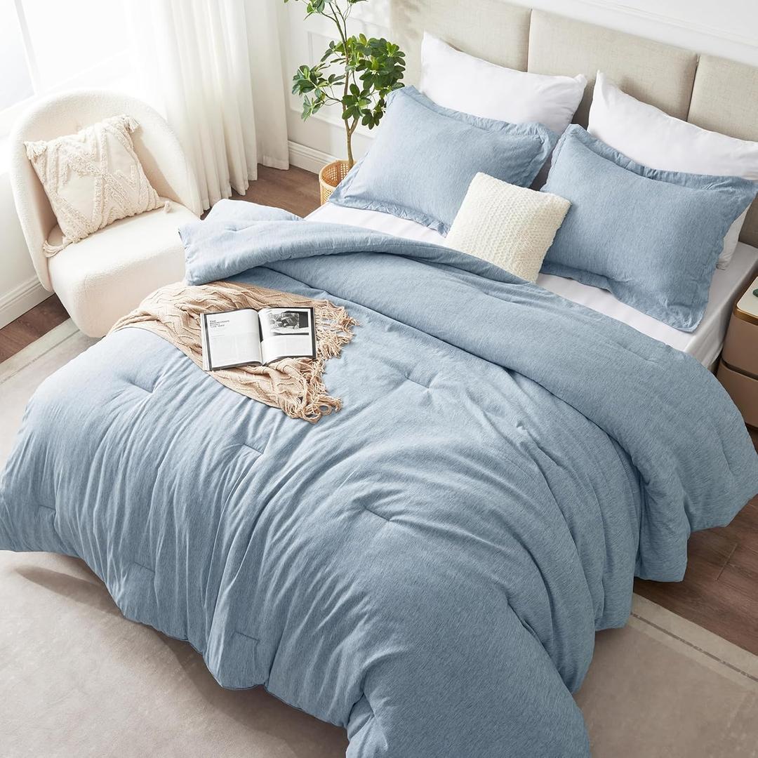 CozyLux Queen Size Comforter Set - 3 Pieces Blue Soft Luxury Cationic Dyeing Bedding Comforter for All Season, Breathable Lightweight Fluffy Bed Set with 1 Comforter and 2 Pillow Shams