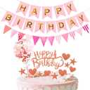 14 Pcs Pink Happy Birthday Cake Topper - Heart Star Cake Decoration with Happy Birthday Banner, Pennant & Confetti Balloon for Birthday Party Cake Decor Supplies