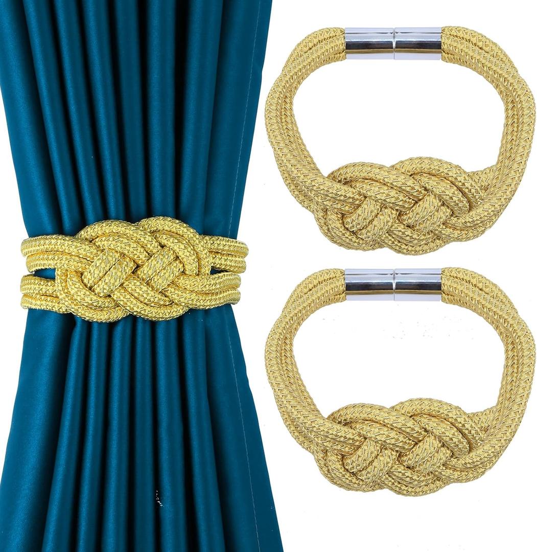 2 Pack Magnetic Curtain Tiebacks, Hand Weave Rope Knot Decorative Curtain Holdbacks for Home & Office Thin Window Drapery (Gold,2P)