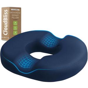 CloudBliss Donut Pillow Seat Cushion for Tailbone Pain Relief and Hemorrhoids, Memory Foam Chair Cushion for Postpartum Pregnancy, Seat Cushions for Men and Women for Home & Office, (Blue) (Large)